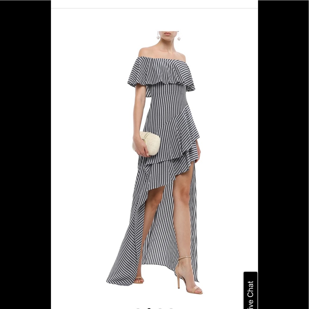 NWT Halston Heritage off the shoulder hi lo flounce dress. Sz. 2 in grey stripe.